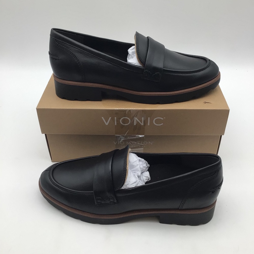 Vionic Cleo Loafer Black Leather Lug Sole Comfort Shoes Womens Size 8.5 M NEW - Picture 1 of 6